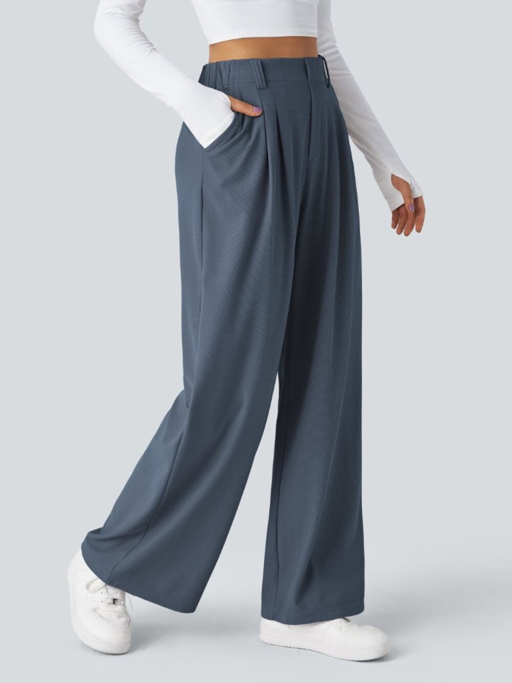 NWOT Halara Flex High Waisted Pocket Wide Leg Waffle Work Pants Grisaille M tall